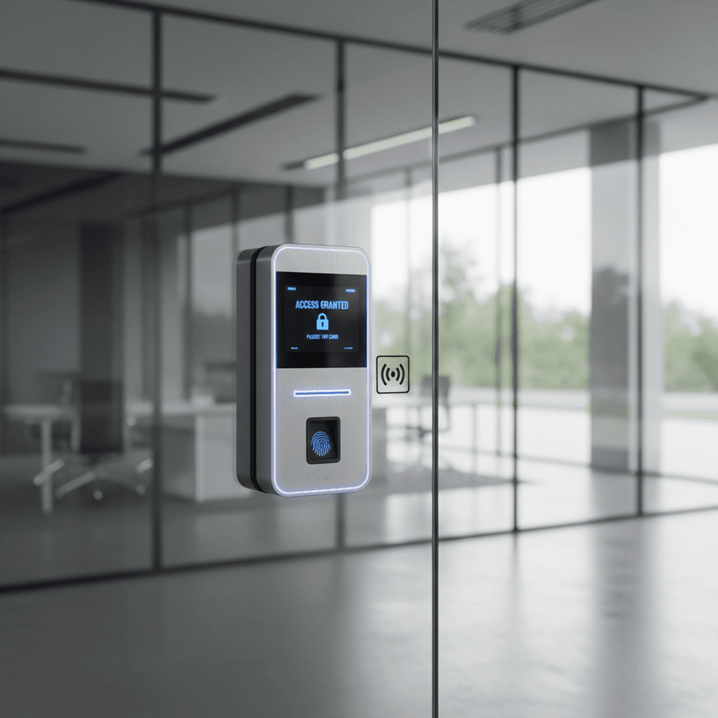 Keycard access control reader installed on secure door